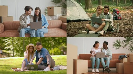Poster - Four diverse groups use a laptop in varied environments, highlighting collaboration and technology in outdoor and indoor settings, blending nature with casual living spaces.