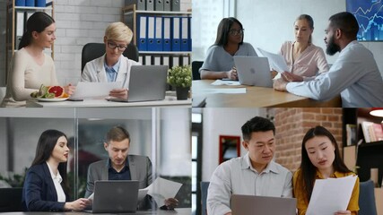 Poster - Diverse individuals engage in collaborative work using laptops and computers, participating in discussions and sharing ideas in professional office environments throughout the day.