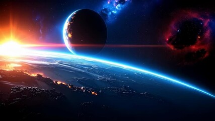 Dramatic sunrise over a planet with glowing atmosphere, with another planet visible in outer space and galaxy background