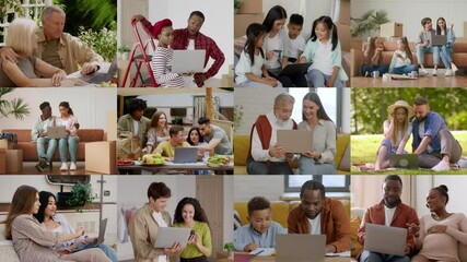 Poster - Groups of diverse individuals gather in various cozy settings to collaborate on laptops, sharing knowledge and enjoying digital interactions. The atmosphere is friendly and collaborative.