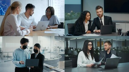 Poster - Groups of diverse individuals work together at laptops and computers, discussing projects and sharing ideas in modern office environments during the day.