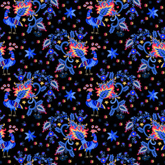 Wall Mural - Seamless animal pattern with fabulous blue birds and colorful flowers on a black background in folk style. Beautiful vintage print for fabric.