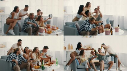 Poster - A diverse group of friends relaxes at home, sharing laughs and snacks while engaging in various activities. They enjoy games, food, and drinks, creating joyful memories in a bright setting.