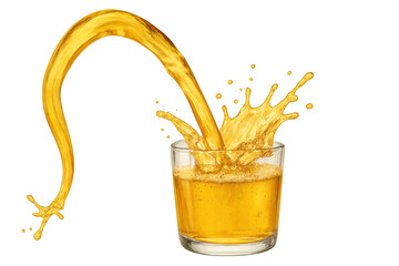 Poster - Orange juice splashing dynamically while pouring into transparent glass against white backdrop