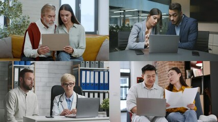 Poster - Groups of diverse individuals work together in a modern setting, engaging with laptops while discussing ideas and sharing knowledge. The atmosphere promotes teamwork and innovation.
