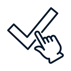 Poster - Hand, finger, tick. Concept of reviews, positive choice. Vector linear icon isolated on white background.