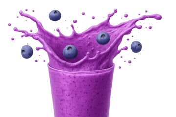 Poster - Purple blueberry smoothie splashing from glass, surrounded by fresh berries against transparent backdrop