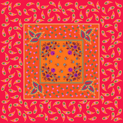 Wall Mural - Beautiful pattern for tablecloth, scarf, napkin, bag, square carpet with paisley, flowers, leaves, berries on orange and scarlet background. Beautiful print for fabric in boho style.
