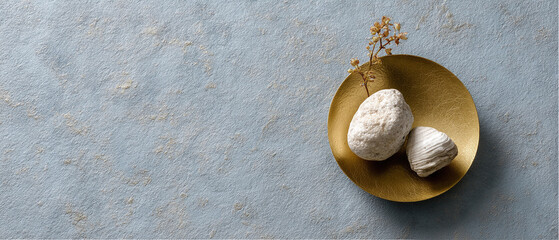 Poster - Golden plate white stone dried flower minimal textured background elegant decorative modern