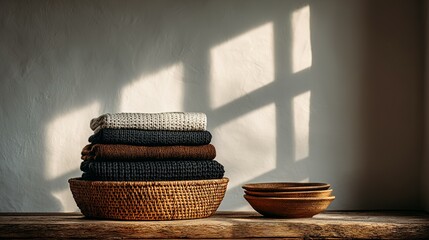 Poster - Stacked sweaters in a woven basket, bathed in natural light.