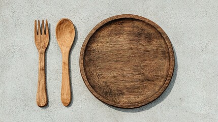 Poster - Wooden fork and spoon beside a wooden plate.