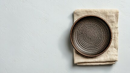 Poster - Empty dark brown plate on a light beige linen napkin.