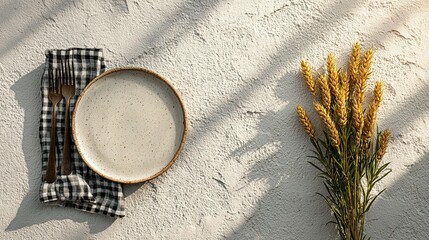 Poster - Empty plate with cutlery and dried flowers on a textured surface.