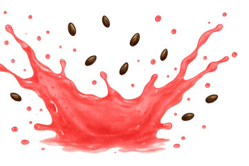 Poster - Watermelon juice splashing, scattering seeds dynamically, representing fresh summer beverage against transparent backdrop