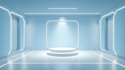 Poster - Minimalist blue room illuminated with neon lights and podium, perfect for showcasing a product or design concept