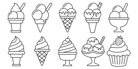 ice cream cone vector icon set. icecream scoop cup symbol. vanilla tasty soft ice cream sign collection Editable stroke