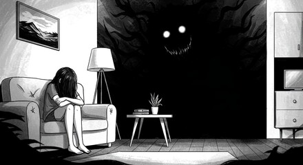 Poster - A woman is sitting in a chair in a dark room