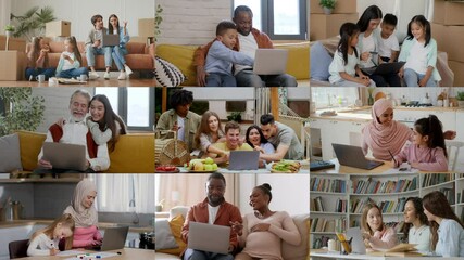 Poster - A diverse group of individuals collaborates together using laptops, sharing ideas and experiences in various comfortable indoor settings. Laughter and learning fill the air.