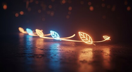 Poster - A series of neon leaves are drawn on a dark surface