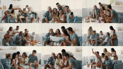 Poster - A lively gathering of friends sharing laughter and good times at home. They engage in various activities including games, food, and conversation, creating a joyful atmosphere.
