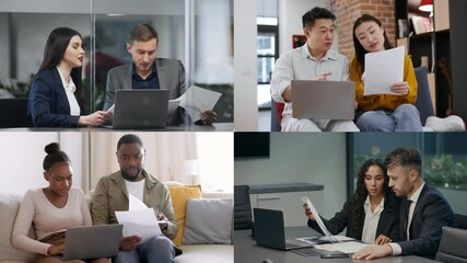 Poster - A group of diverse individuals collaborates on a laptop in a modern office setting. They are engaged in discussion, sharing documents, and brainstorming new ideas.