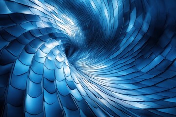 Poster - Abstract swirling tunnel composed of reflective blue tiles creating a dynamic vortex effect with light reflections