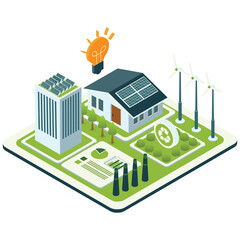 Sustainable Business Illustation. Vector illustration of Isometric layout of a sustainable city powered by solar panels and wind turbines. Isolated on background