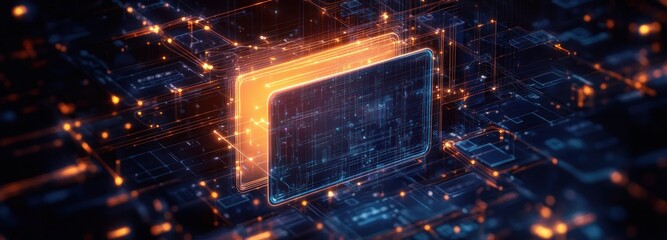 Poster - Futuristic digital circuit board with glowing orange and blue holographic interface panels representing advanced technology and data processing