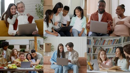 Poster - Groups of diverse individuals engage around laptops, sharing ideas and collaborating on technology. Different settings showcase teamwork and innovation in a relaxed environment.