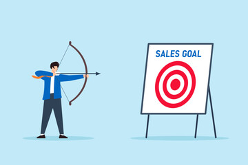 Poster - Flat illustration of confident businessman aiming bow and arrow at bullseye target labeled sales goal on whiteboard