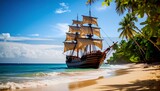 Tropical pirate ship on beach