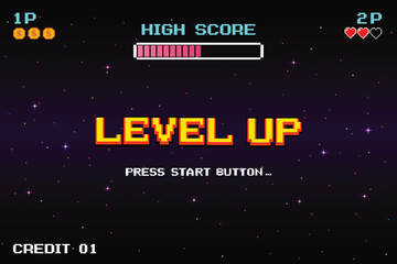 Poster - LEVEL UP. press start button. pixel art .8 bit game. retro game. for game assets in vector illustrations.