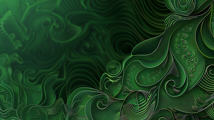  - An abstract green background features swirling patterns and decorative leaflike shapes with elegant lines, creating a vibrant and artistic design
