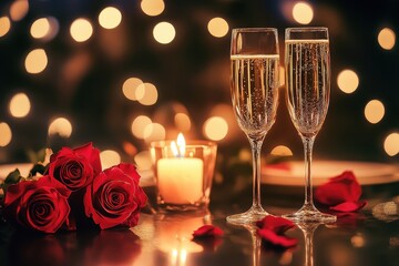 Poster - Romantic table setting with roses, candles, and champagne glasses for a special evening, Romantic table with roses, candles, and champagne glasses, adorned bokeh lights