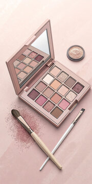 Open Eyeshadow Palette with Brush and Mirror on pink Background