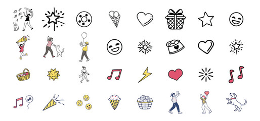 Poster - A collection of happy doodle icons with people pets and fun elements for joy and celebration concepts
