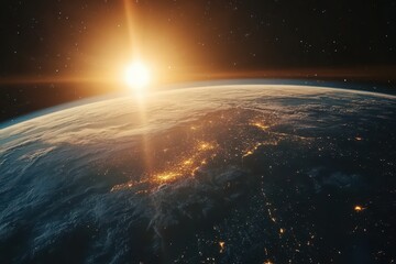 Poster - Sunrise over Earth viewed from space highlighting the delicate beauty of our planet, Sunrise over earth as seen from space