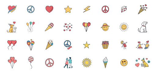 Poster - A collection of whimsical and cheerful hand drawn icons depicting happiness and positive feelings