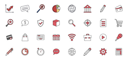 Fototapete - A set of colorful hand drawn business and finance icons on a white background ideal for infographics and websites