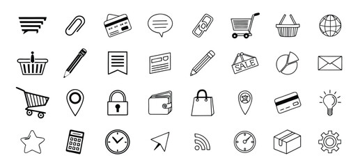 Poster - Assortment of hand drawn icons depicting e commerce shopping finance and business related elements in monochrome style
