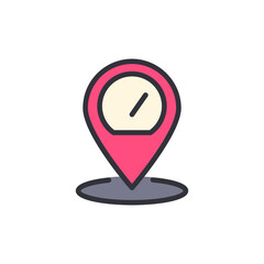 Poster - Stylized Location Pin With Round Time Measuring Tool Inside The Symbol