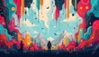 an illustrated landscape with vibrant colors and a whimsical style. a prominent figure stands in the foreground against a backdrop of a valley framed by towering mountains