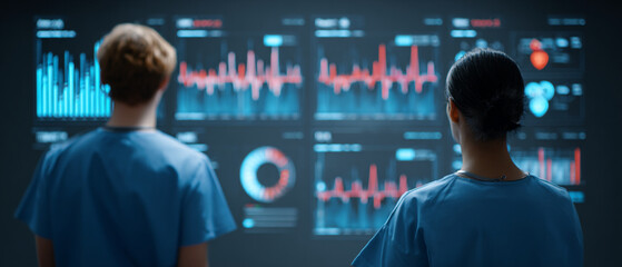 Poster - Two healthcare workers analyzing data on a large screen in a modern medical facility setting today
