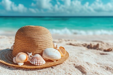 Wall Mural - Straw hat decorated with seashells resting on sandy beach near turquoise ocean waters, Straw hat adorned with seashells on beach