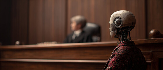 Poster - Robot standing in a courtroom with a judge in the background behind a wooden bench looking forward