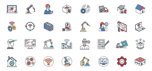 Poster - Collection of industrial automation and smart technology icons representing modern manufacturing and engineering