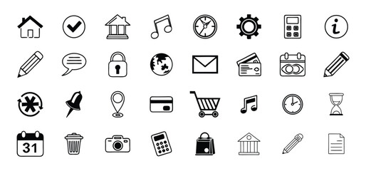 Poster - Collection of minimalist line icon illustrations representing common concepts and everyday digital symbols