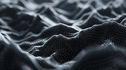 Poster - Abstract black and white background featuring a wavy pattern of dots and lines creating a modern and futuristic design with a sense of depth and texture