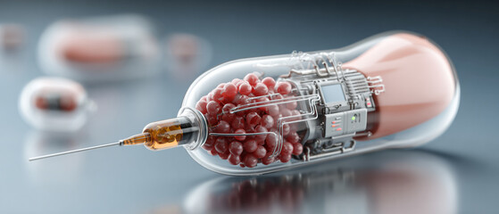 Poster - A futuristic syringe with visible robotic components and red spheres inside a clear capsule design
