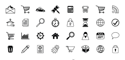 Poster - Collection of various modern black and white icons representing communication shopping and business elements